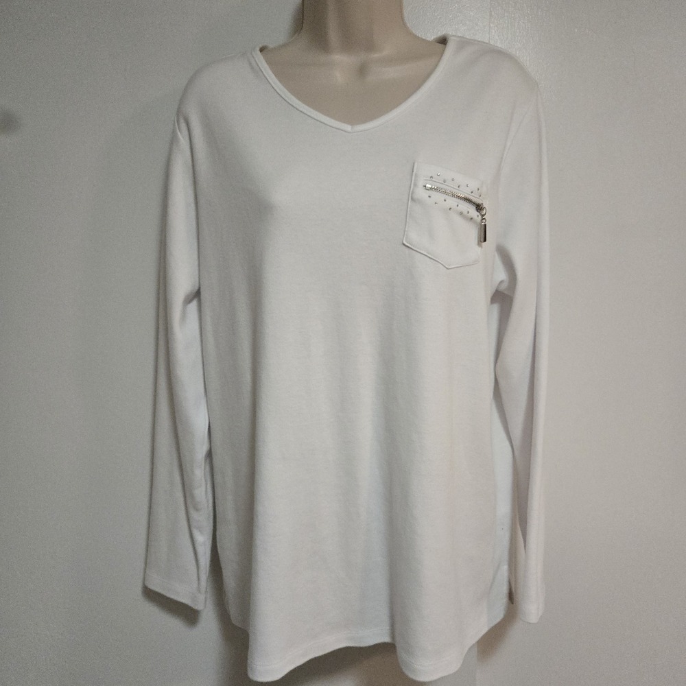 Quacker Factory Size L White Long Sleeve T-shirt Bling‎ Zipper Detail A292682